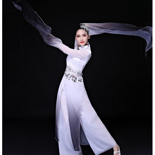 Black with white gradient chinese hanfu yangko costumes for women water sleeves chinese traditional classical fan dance dresses
